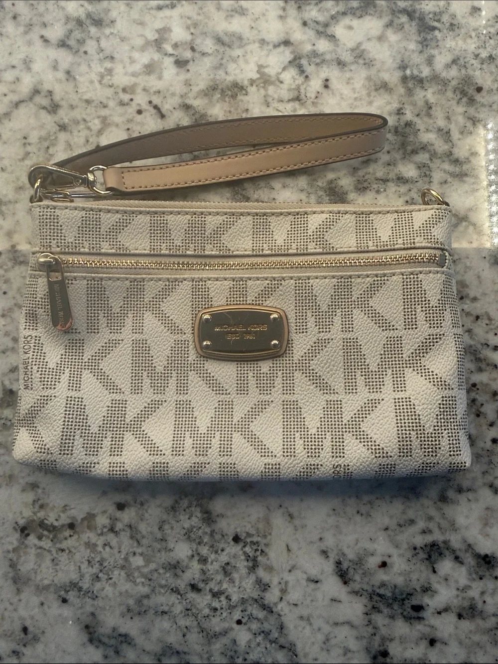 Michael Kors Cream & Tan MK Signature Wristlet Clutch
